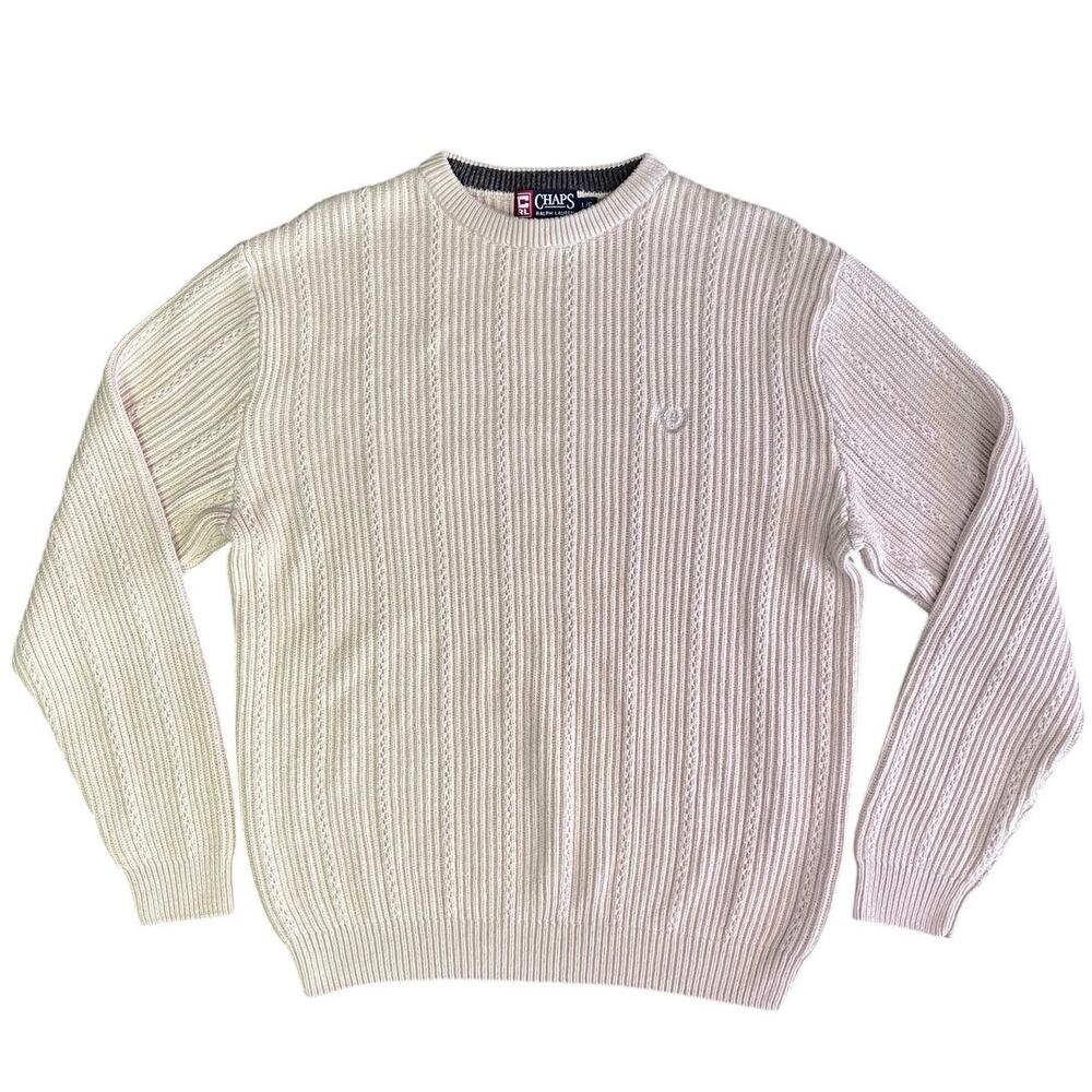 Vintage Chaps Ralph Lauren Sweater Large Cream Cable Chunky Knit Fisherman 90s
